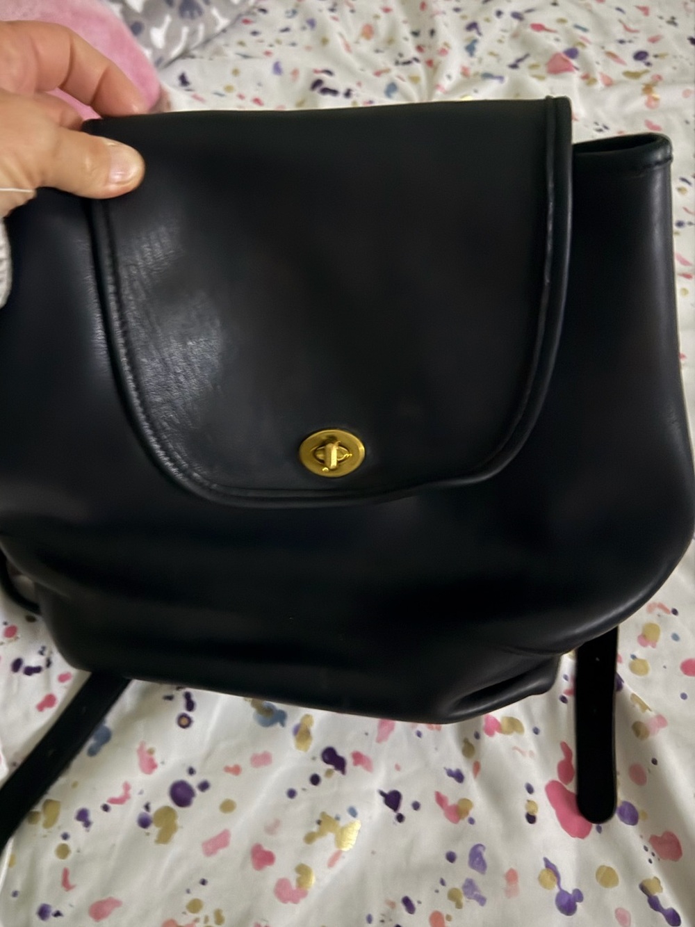 Vintage Coach Large Black Leather Daypack  Style J9D 9791 brass turn lock BEAUTY